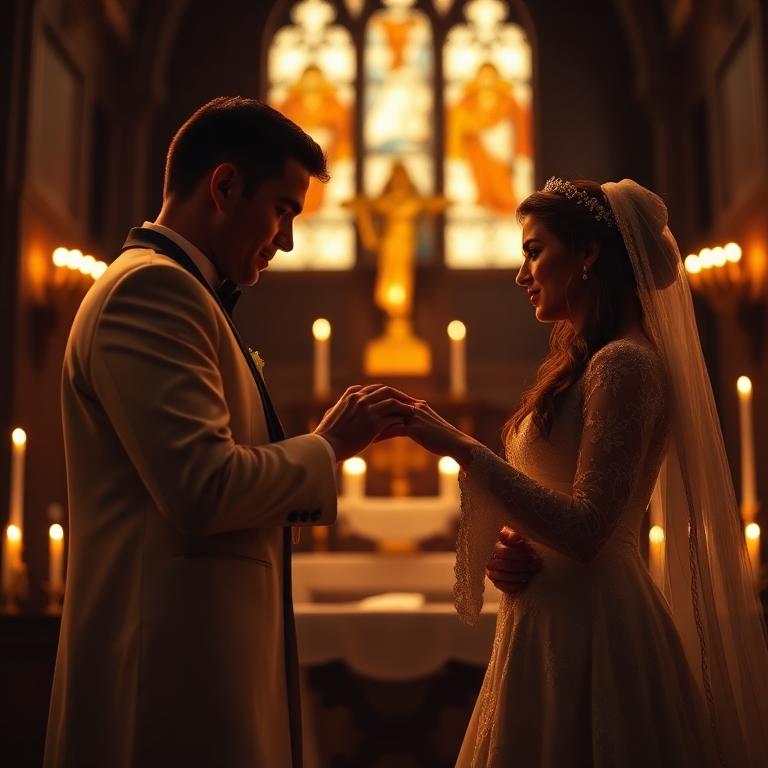 Brautpaar vor dem Altar in einer Kirche mit warmem Kerzenschein