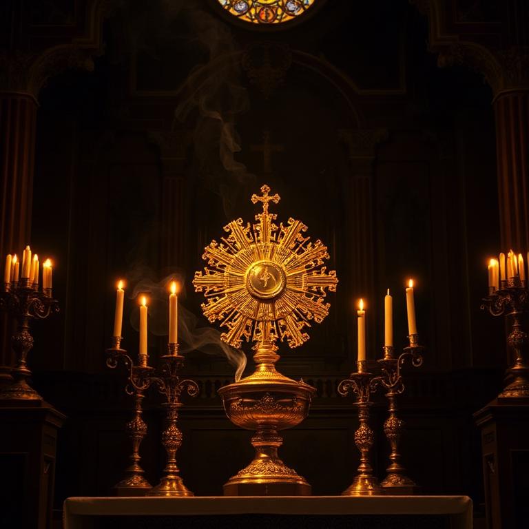 Goldene Monstranz mit Hostie auf dem Altar in warmem Licht