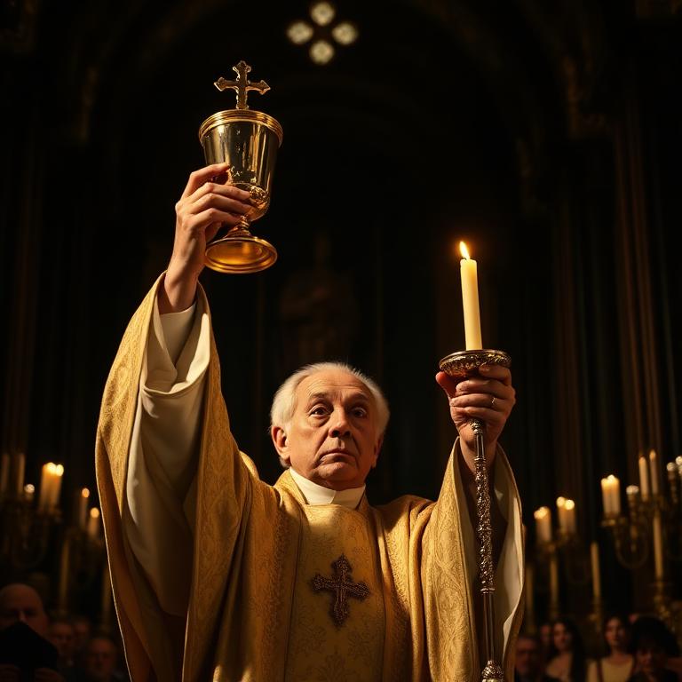 Priester in goldenen Vesten hebt den Kelch bei der Messe
